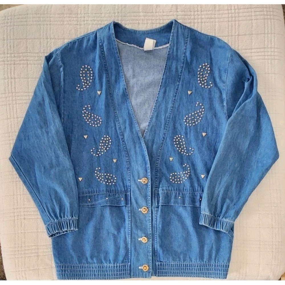 Bridge Vintage 1980 Gold Studded Denim‎ Jacket Oversized Blue Women's Size Large